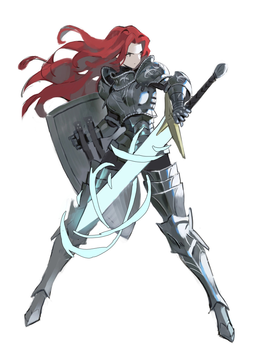 1girl, absurdres, armor, arowana2111, fighting_stance, gauntlets, greaves, highres, holding, holding_shield, holding_sword, holding_weapon, knight, long_hair, original, red_hair, serious, shield, shoulder_armor, simple_background, solo, standing, sword, weapon, white_background