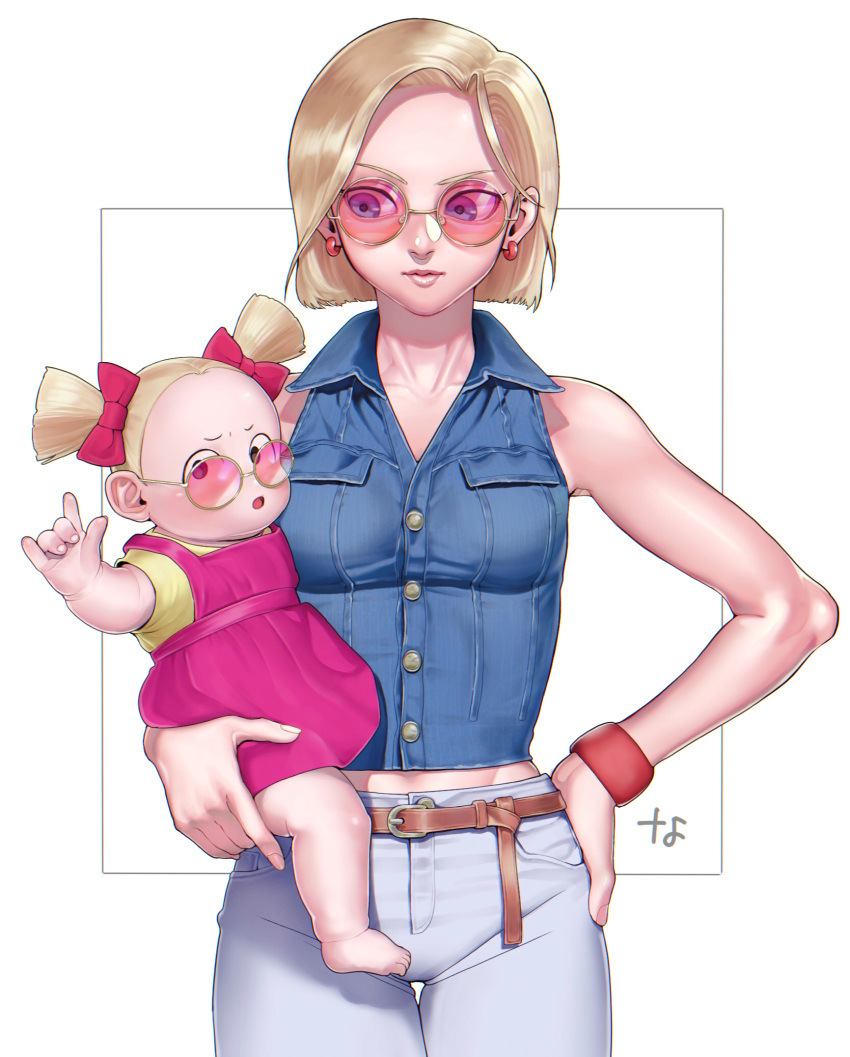 2girls, \m/, android_18, bare_shoulders, belt, blonde_hair, carrying, carrying_person