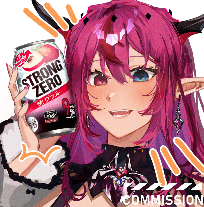 1girl, absurdres, alcohol, black_horns, blue_eyes, brooch, can, choripan