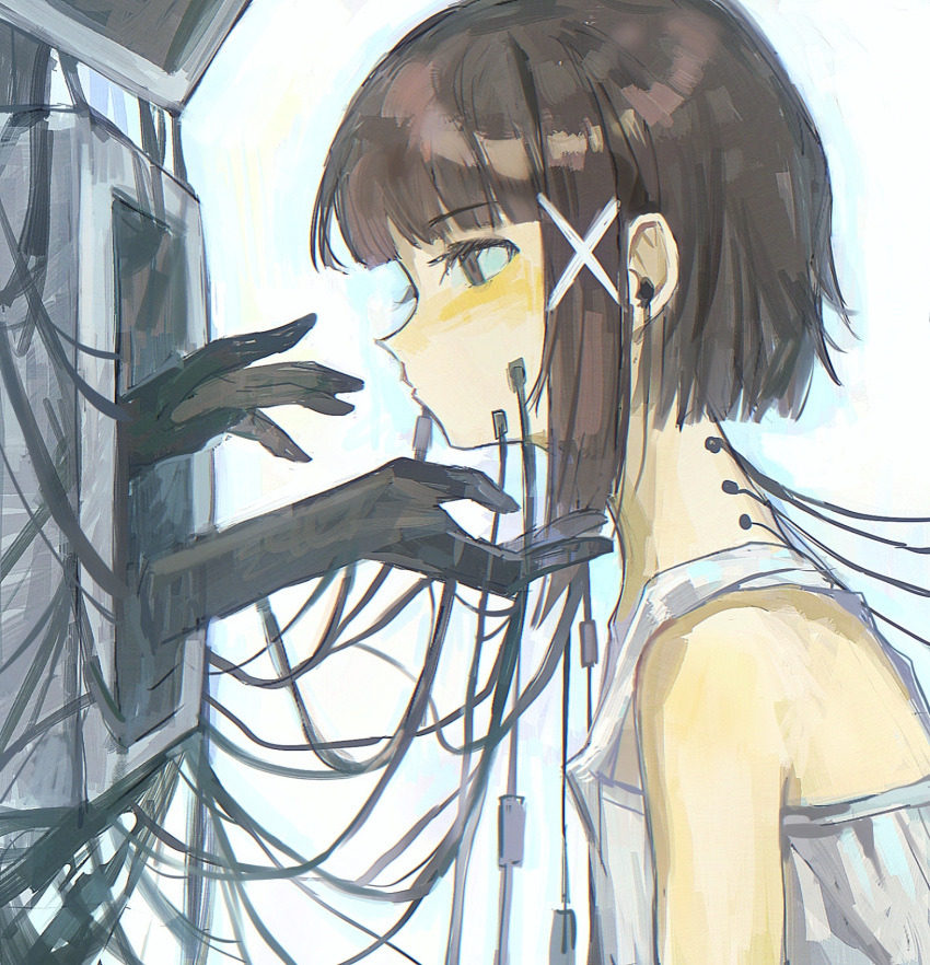 1girl, asymmetrical_hair, bare_shoulders, brown_eyes, brown_hair, cable, closed_mouth, commentary