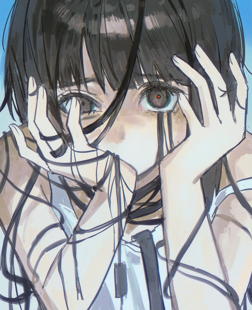 1girl, asymmetrical_hair, brown_eyes, brown_hair, cable, commentary, hands_on_own_face, hands_up, highres, huang_du_du, iwakura_lain, looking_at_viewer, serial_experiments_lain, short_hair, solo, strap_slip, uneven_eyes, upper_body