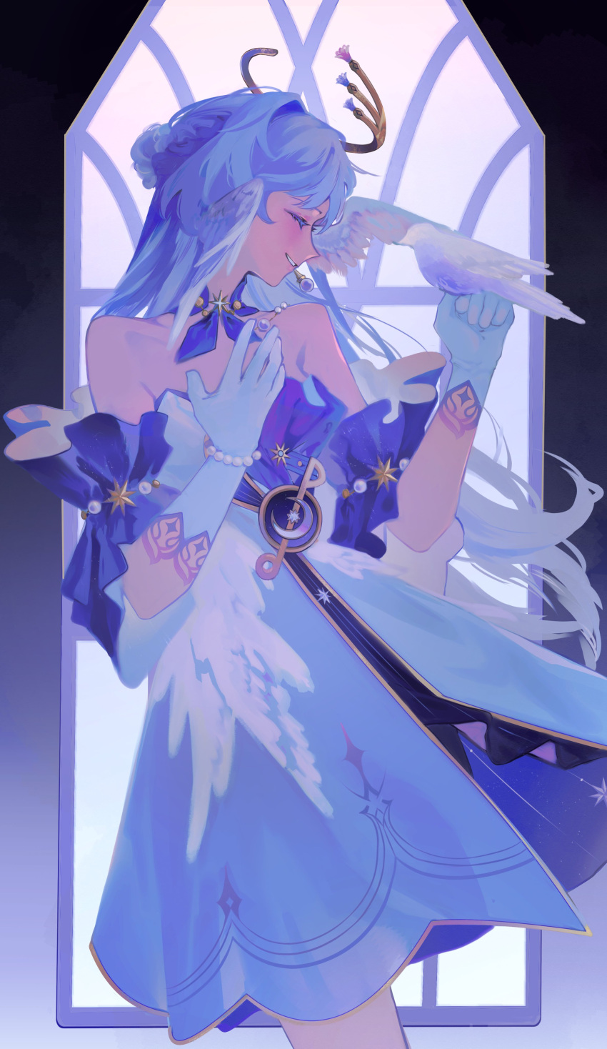 1girl, absurdres, bare_shoulders, bead_bracelet, beads, bird, bird_on_hand, bracelet, choker, closed_eyes, detached_sleeves, dress, earrings, feathered_wings, from_side, gloves, gold_trim, hair_bun, half_updo, halo, hands_up, head_wings, highres, honkai:_star_rail, honkai_(series), jewelry, long_hair, multicolored_clothes, multicolored_dress, musical_note_ornament, parted_lips, purple_choker, purple_dress, purple_hair, purple_sleeves, robin_(honkai:_star_rail), short_sleeves, sleeveless, sleeveless_dress, smile, solo, strapless, strapless_dress, white_dress, white_gloves, white_wings, wings, zorcha