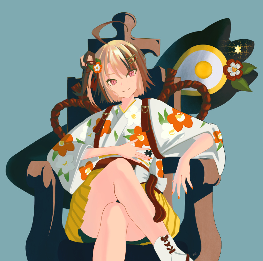 1girl, absurdres, ahoge, blonde_hair, brown_hair, crossed_legs, floral_print, floral_print_kimono
