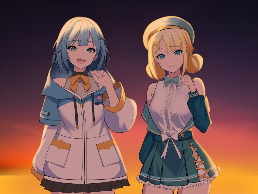 2girls, :d, blonde_hair, blue_eyes, blue_hair, bow, bowtie, breasts