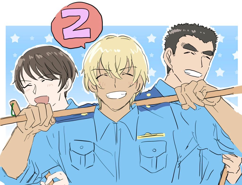 3boys, ^_^, amuro_tooru, beeemaru02, black_hair, blonde_hair, blue_shirt, blush, broom, brown_hair, closed_eyes, commentary_request, date_wataru, hair_between_eyes, holding, holding_broom, male_focus, meitantei_conan, multiple_boys, police, police_uniform, policeman, scotch_(meitantei_conan), shirt, short_hair, smile, thick_eyebrows, wing_collar