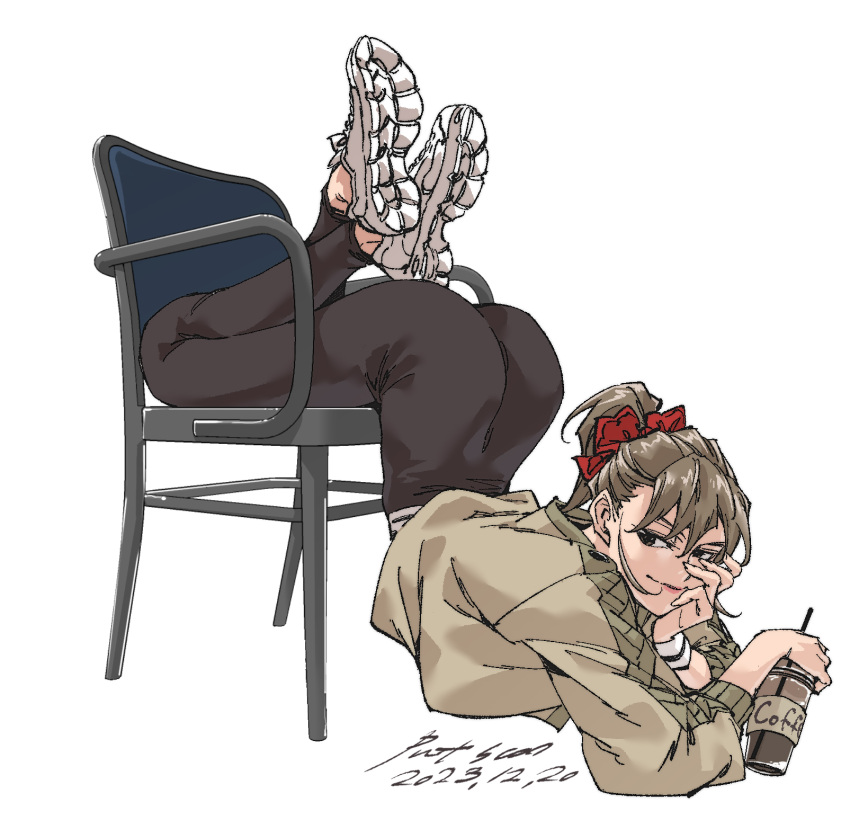 1girl, ass, black_pants, brown_eyes, brown_hair, brown_shirt, closed_mouth, commentary