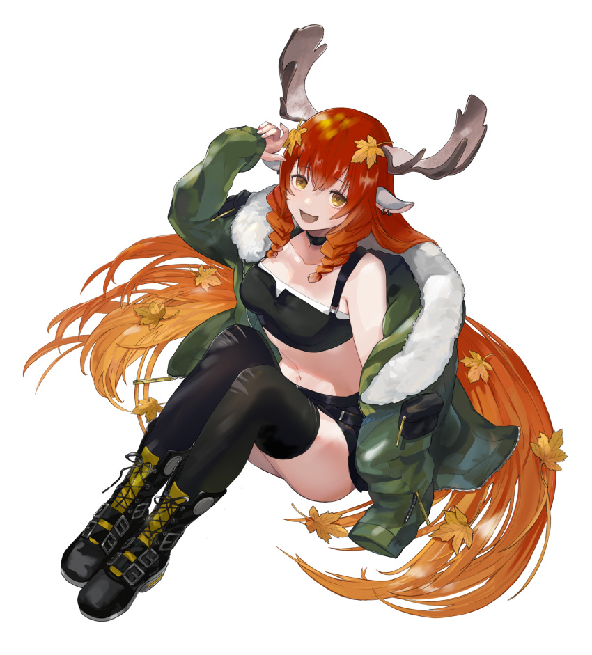 1girl, animal_ears, antlers, arm_at_side, arm_out_of_sleeve, arm_up, autumn_leaves, belt