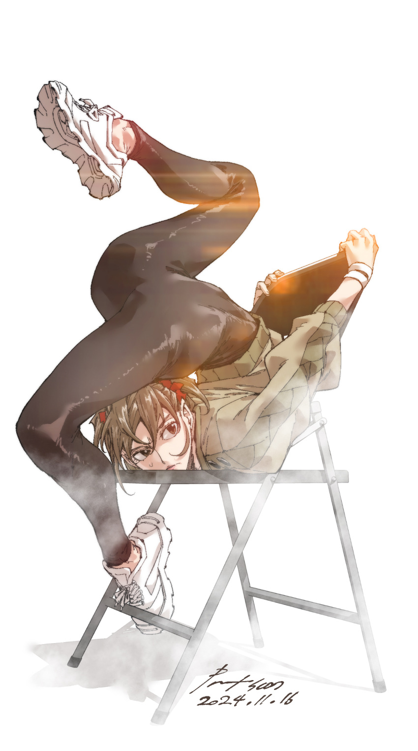 1girl, brown_eyes, brown_hair, chair, dated, dated_commentary, flexible, folding_chair