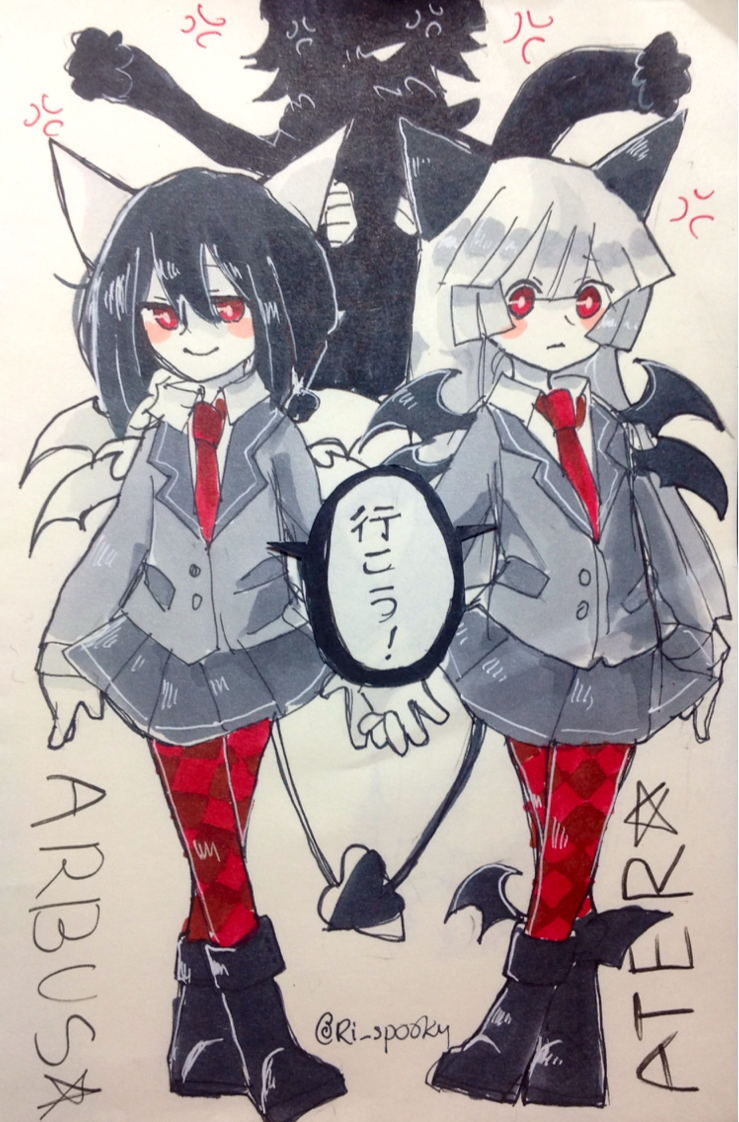 1boy, 2girls, anger_vein, animal_ears, arbus_(funamusea), ater_(funamusea), black_hair, cat_ears