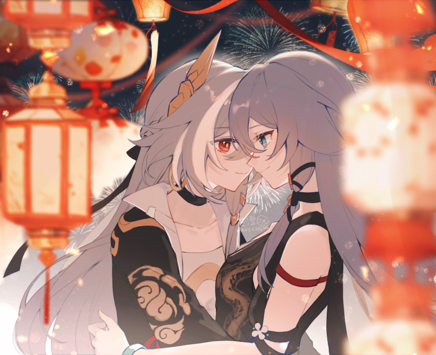 2girls, black_shirt, blue_eyes, chinese_commentary, closed_mouth, commentary, fireworks, forehead-to-forehead