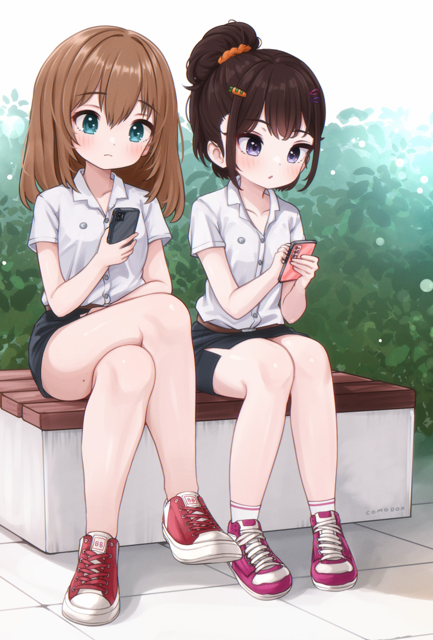 2girls, absurdres, artist_name, black_hair, black_skirt, blue_eyes, breasts, brown_hair