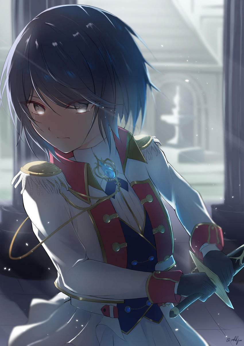 1girl, absurdres, aiguillette, backlighting, black_gloves, black_hair, blue_gemstone, blue_vest