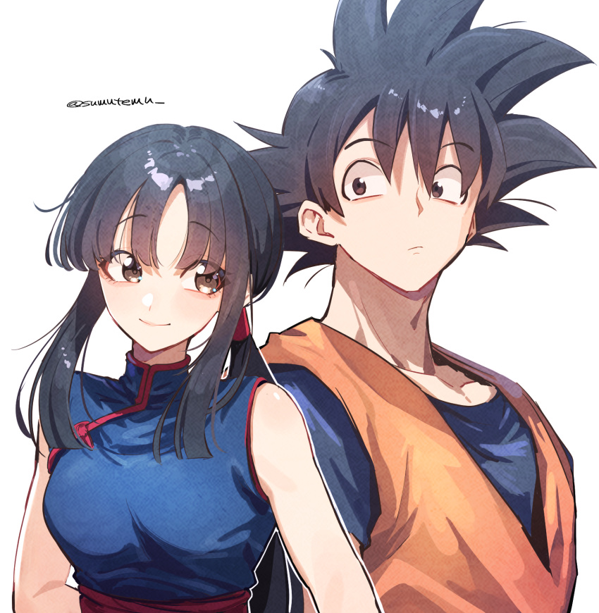 1boy, 1girl, blue_dress, blue_shirt, breasts, chi-chi_(dragon_ball), china_dress, chinese_clothes