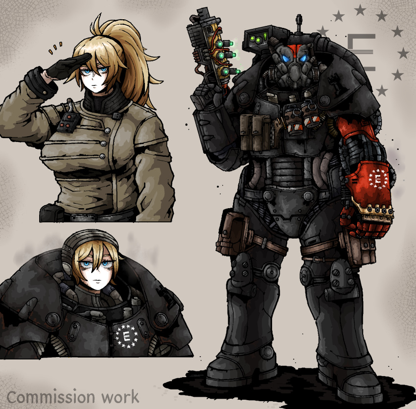 1girl, ammunition_pouch, armor, blonde_hair, blue_eyes, breasts, clenched_hand, enclave_(fallout), fallout, gloves, gun, handgun, highres, holster, large_breasts, long_hair, looking_at_viewer, military_uniform, octosoup, ponytail, pouch, power_armor, power_armor_(fallout), power_fist, salute, solo, trigger_discipline, weapon