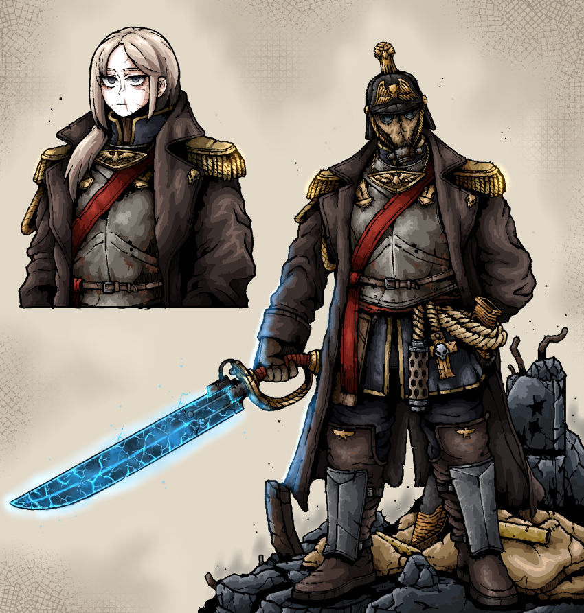 1girl, astra_militarum, boots, breathing_nozzle, brown_hair, coat, combat_helmet, death_korps_of_krieg