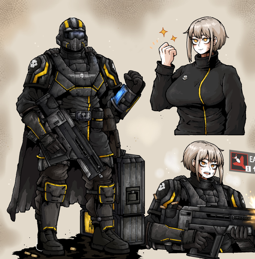 1girl, ammunition_box, ammunition_pouch, ar-23_liberator, armor, assault_rifle, assault_visor, belt