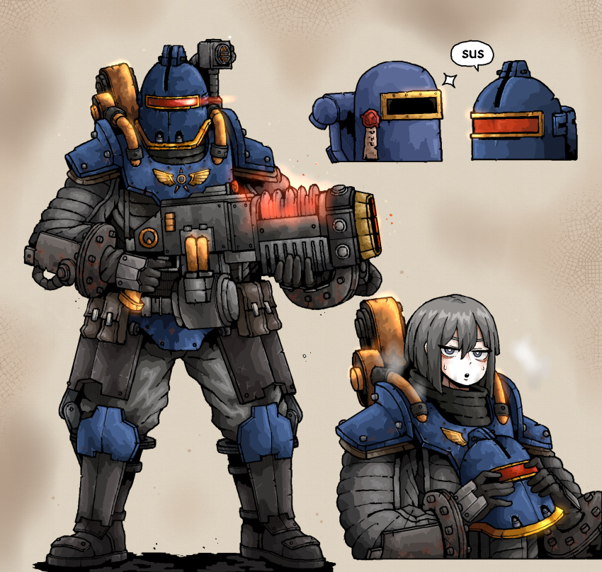 1girl, among_us, armor, astra_militarum, boots, commentary, energy_gun, english_commentary