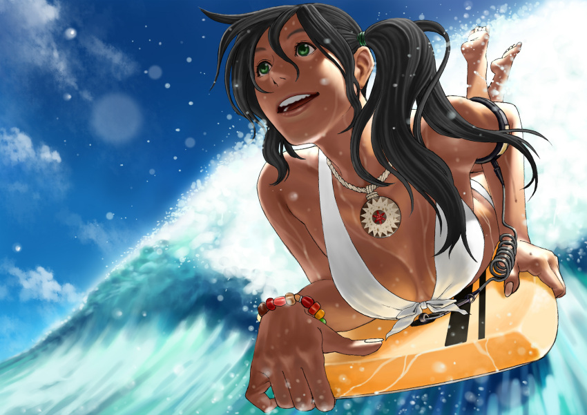 artist_request, bikini, black_hair, bodyboard, bracelet, breasts, cleavage, dark_skin, face, foreshortening, front-tie_top, green_eyes, hands, hata_yui, highres, jewelry, necklace, nose, on_stomach, original, side_ponytail, sky, solo, surfboard, surfing, swimsuit, water