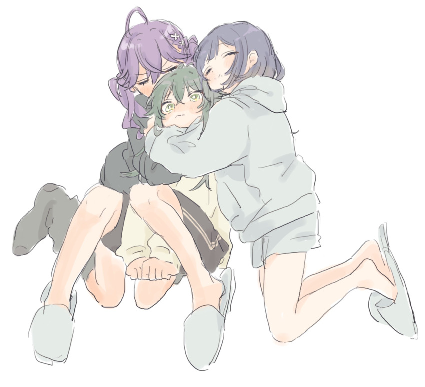 3girls, ahoge, arms_between_legs, bare_legs, black_hair, black_jacket, braid, closed_eyes