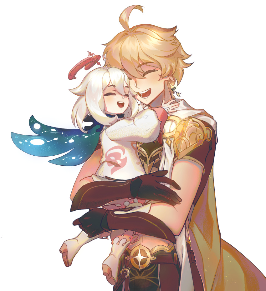 1boy, 1girl, aether_(genshin_impact), ahoge, blonde_hair, blush, capelet, closed_eyes