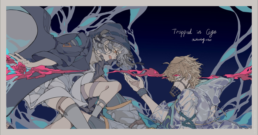 1boy, 1other, ahoge, animal_ears, arknights, black_hood, black_ribbon, blonde_hair
