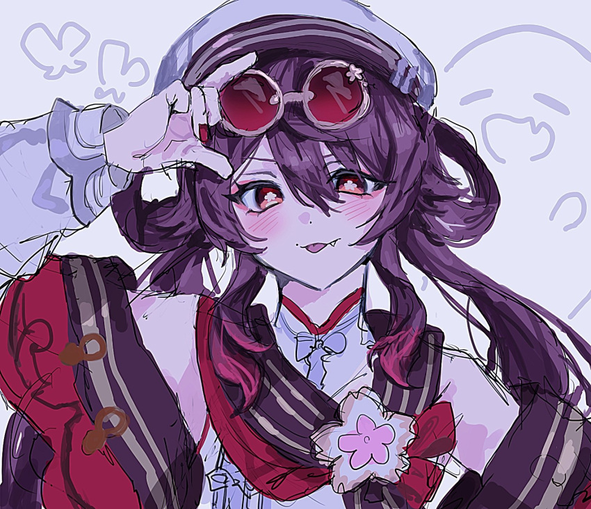 1girl, adjusting_eyewear, boo_tao_(genshin_impact), brown_hair, commentary, eyewear_on_head, fang, flower-shaped_pupils, genshin_impact, hair_rings, hand_on_eyewear, hashtag-only_commentary, hat, highres, hu_tao_(cherries_snow-laden)_(genshin_impact), hu_tao_(genshin_impact), long_hair, mandarin_collar, red-tinted_eyewear, red_eyes, red_nails, round_eyewear, shirt, smile, solo, sunglasses, symbol-shaped_pupils, tinted_eyewear, tongue, tongue_out, twintails, white_hat, white_shirt, x_x_(batttsu_404)