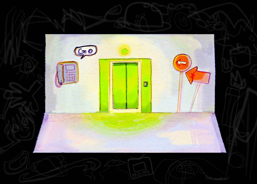 arrow_(symbol), burnoutmylif3, corded_phone, elevator, english_text, highres, homicipher, no_humans