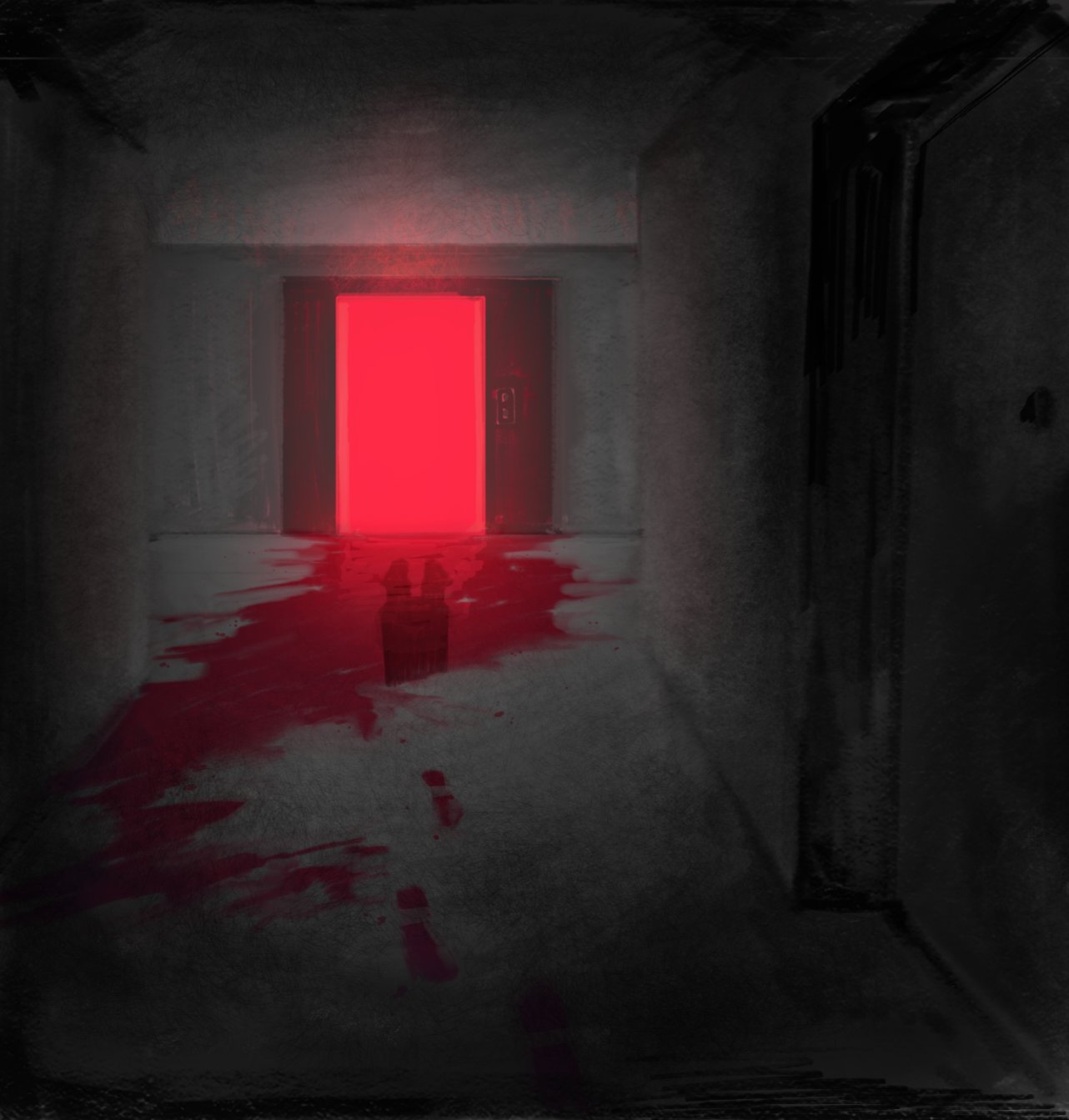 1boy, blood, burnoutmylif3, door, elevator, elevator_door, footprints, highres