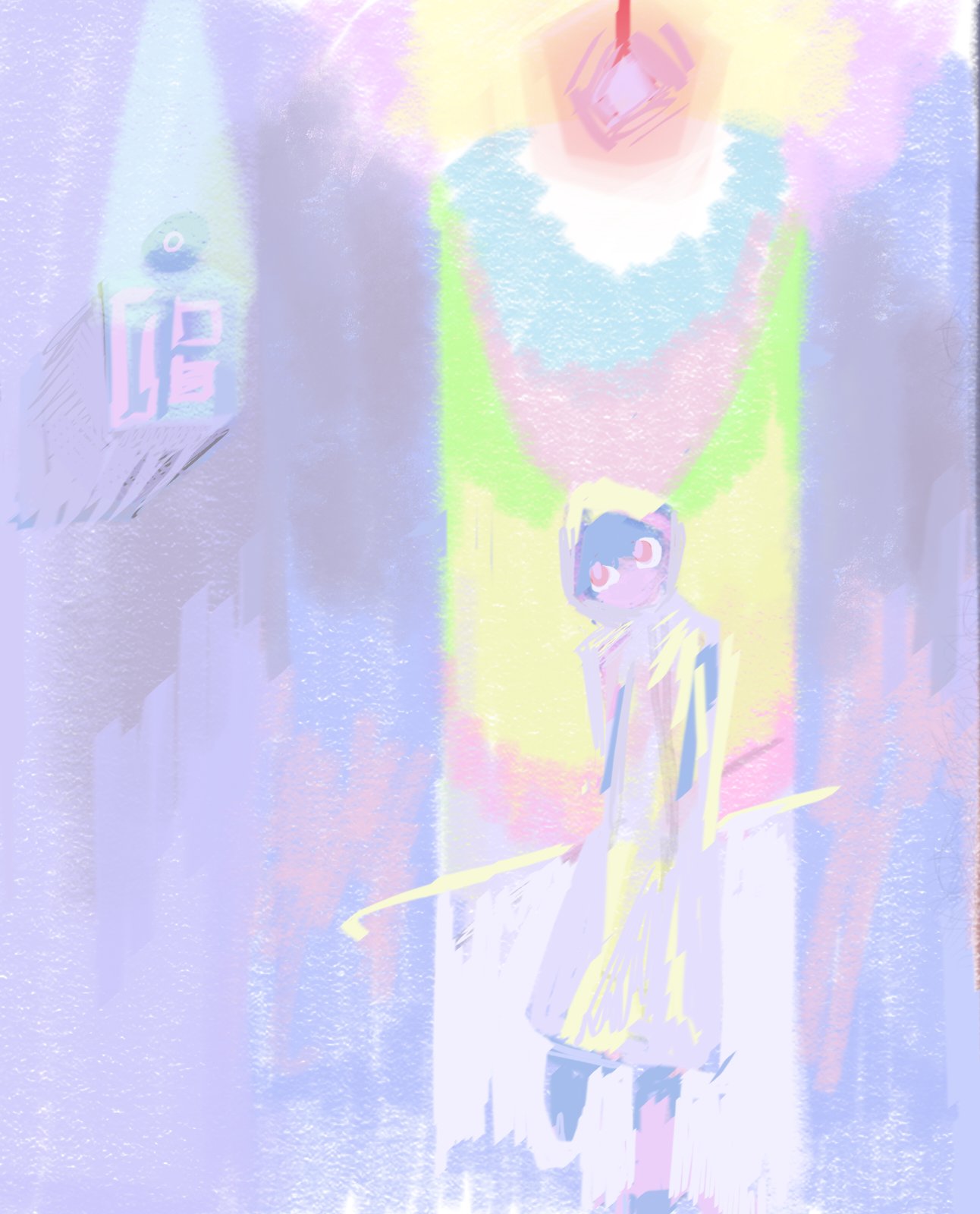 1girl, burnoutmylif3, creature, crowbar, heroine_(homicipher), highres, holding, holding_crowbar, homicipher, hood, hood_up, light_bulb, pastel_colors, pink_eyes, raincoat, solo, standing, standing_on_one_leg