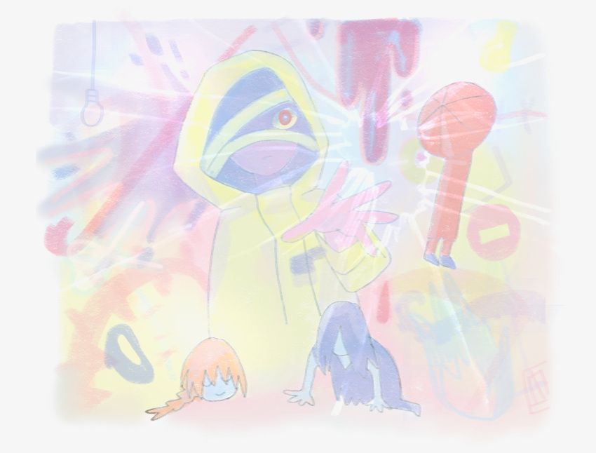 1girl, 3boys, bandage_over_one_eye, burnoutmylif3, crowbar, hand_up, heroine_(homicipher), highres