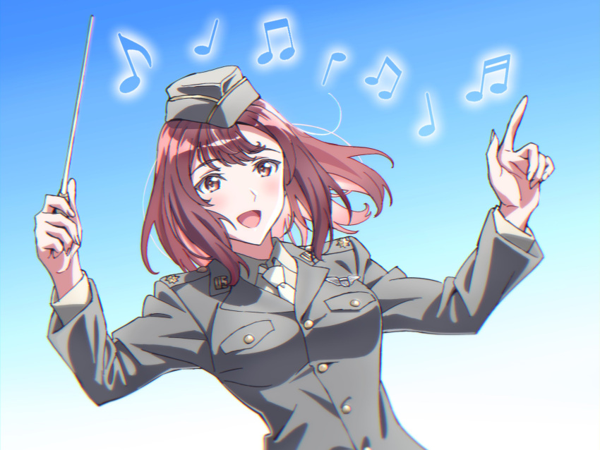1girl, blue_background, breasts, brown_eyes, brown_hair, grace_maitland_steward, hat, highres, insignia, jacket, kogarashi51, long_hair, long_sleeves, luminous_witches, medium_breasts, military, military_hat, military_uniform, musical_note, necktie, open_mouth, simple_background, upper_body, white_necktie, world_witches_series