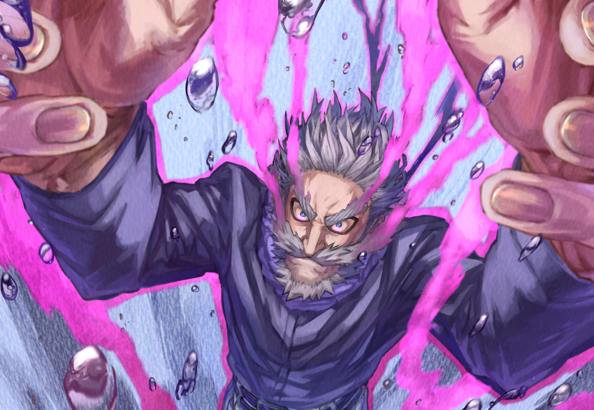 1boy, absurdres, arms_up, aura, beard, black_jacket, blue_eyes, boku_no_hero_academia