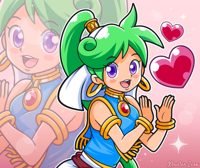 1girl, asha_(monster_world), asha_(wonder_boy), asha_in_monster_world, blush, fantasy, game_console, green_hair, heart, highres, monster_world, monster_world_iv, open_mouth, sega, sega_mega_drive, video_game, violet_eyes, wonder_boy, wonder_boy_(series), xbuster