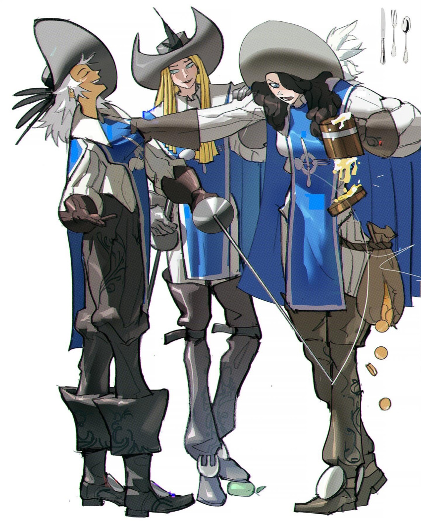 3girls, ^^^, alcohol, beer, beer_mug, black_footwear, black_hair, black_pants, blonde_hair, blue_tabard, blunt_ends, boots, brown_footwear, closed_eyes, coin, commentary, cup, drink, english_commentary, fork, full_body, gloves, gold_coin, green_eyes, grey_footwear, grey_gloves, grey_hat, hair_half_over_shoulder, hair_over_one_eye, hand_on_hilt, hat, hat_feather, highres, holding, holding_drink, holding_sword, holding_weapon, knife, laughing, long_hair, long_sleeves, looking_at_food, lower_teeth_only, motion_lines, mug, multiple_girls, open_mouth, original, pants, personification, pinstripe_pants, pinstripe_pattern, pouch, ramon_nunez, rapier, reference_inset, rope, shirt, simple_background, smile, spoon, standing, straight_hair, sword, tabard, teeth, thigh_boots, vertical-striped_sleeves, wavy_hair, weapon, white_background, white_hair, white_pants, white_shirt