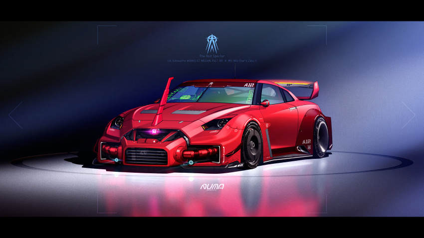 absurdres, artist_name, car, fusion, glowing, gundam, highres, letterboxed