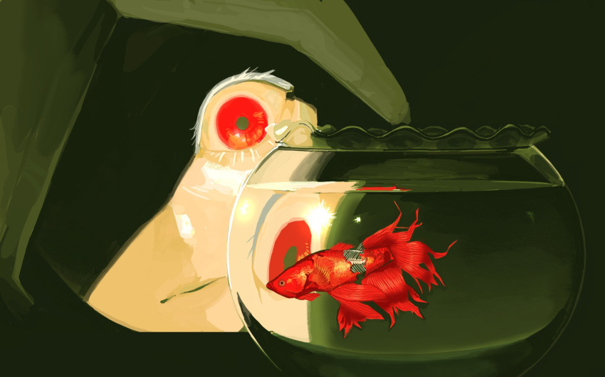 1girl, burnoutmylif3, closed_mouth, colored_eyelashes, fish, fishbowl, goldfish, heroine_(homicipher)