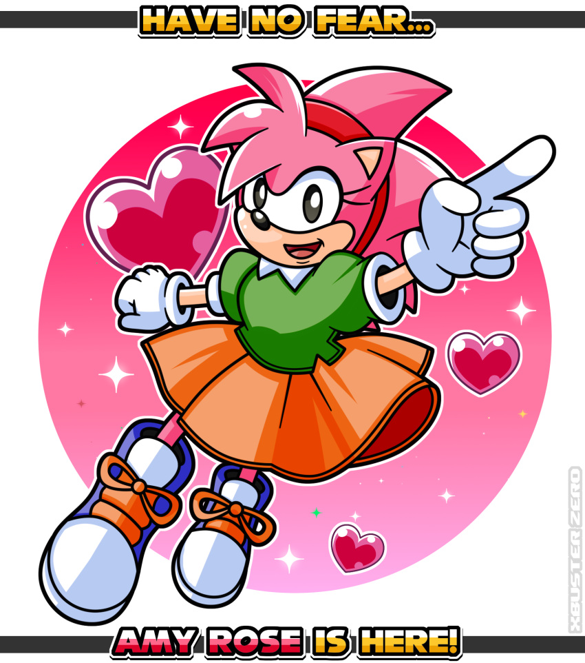 1girl, amy_rose, furry, game_console, heart, hedgehog, hedgehog_girl, highres, sega, shoes, skirt, sneakers, sonic_(series), sonic_the_hedgehog, video_game, xbuster