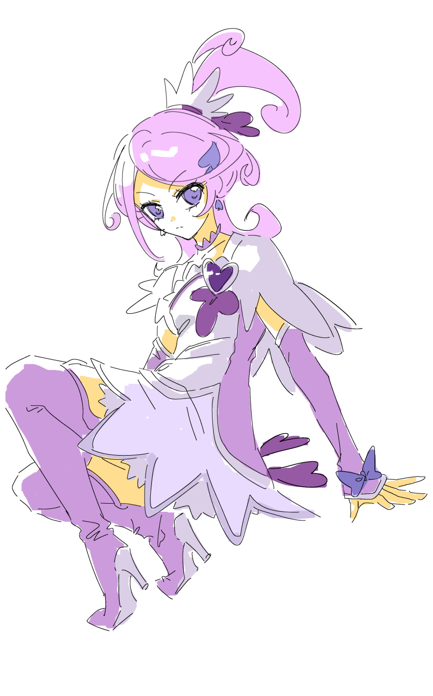 1girl, absurdres, boots, bow, brooch, capelet, choker, closed_mouth, cure_sword, determined, dokidoki!_precure, dot_nose, earrings, eyelashes, feiyuqiqizhi, frown, full_body, hair_ornament, hair_ribbon, hand_on_ground, heart, heart_brooch, high_heel_boots, high_heels, high_ponytail, highres, jewelry, kenzaki_makoto, long_hair, magical_girl, miniskirt, precure, purple_arm_warmers, purple_bow, purple_choker, purple_footwear, purple_hair, purple_ribbon, purple_shirt, purple_skirt, ribbon, shirt, short_ponytail, simple_background, sitting, skirt, solo, spade_(shape), spade_earrings, spade_hair_ornament, thigh_boots, two-tone_shirt, violet_eyes, white_background, white_capelet, white_shirt, wrist_bow, yokozuwari