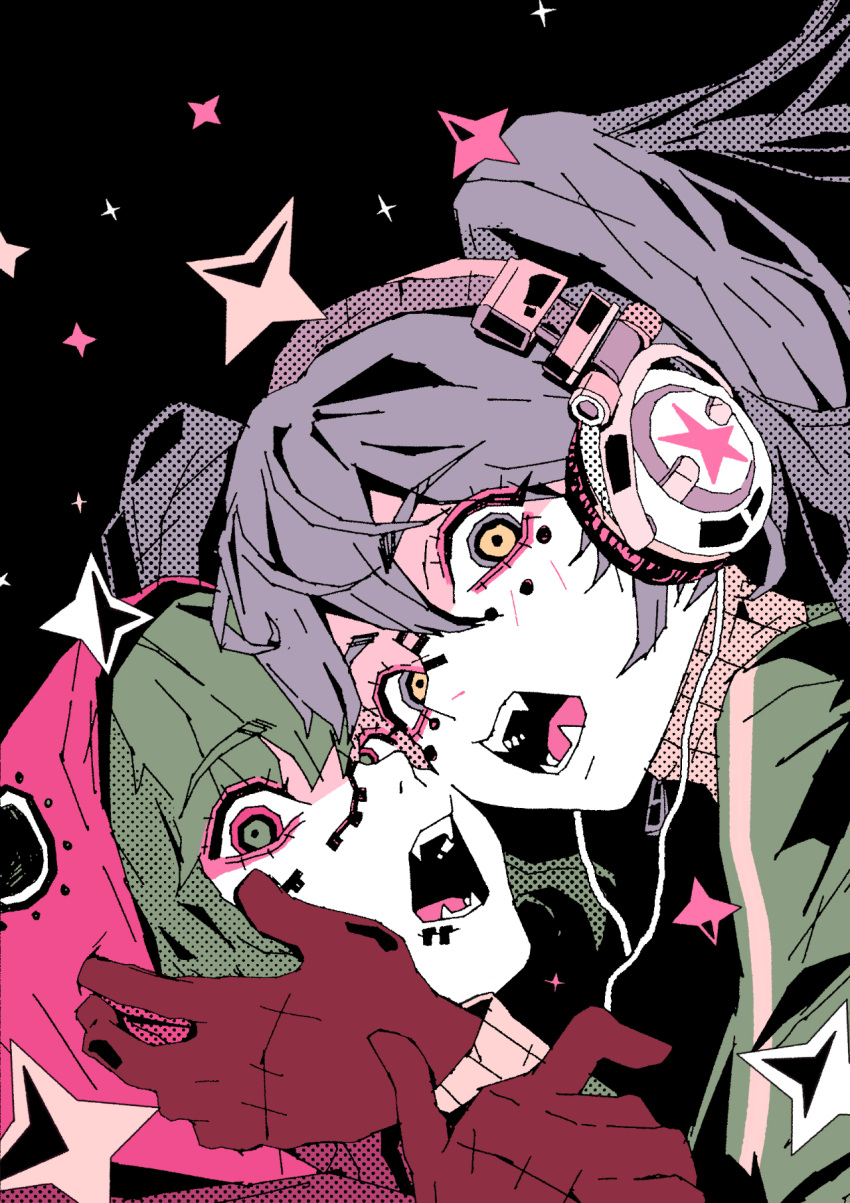 2girls, arkestar, black_background, blue_hair, brown_gloves, cheek-to-cheek, english_commentary, eyebrows_hidden_by_hair, facial_mark, fangs, gloves, green_hair, green_jacket, gumi, hand_on_another's_cheek, hand_on_another's_face, hatsune_miku, headphones, heads_together, highres, hood, hood_up, jacket, long_hair, long_sleeves, looking_at_viewer, matryoshka_(vocaloid), multicolored_eyes, multiple_girls, open_mouth, ringed_eyes, short_hair, sparkle, star_(symbol), teeth, track_jacket, twintails, upper_body, vocaloid, zipper_pull_tab