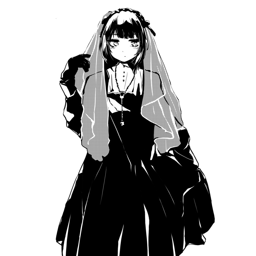 1boy, crossdressing, dress, english_commentary, expressionless, gloves, gothic_lolita, greyscale