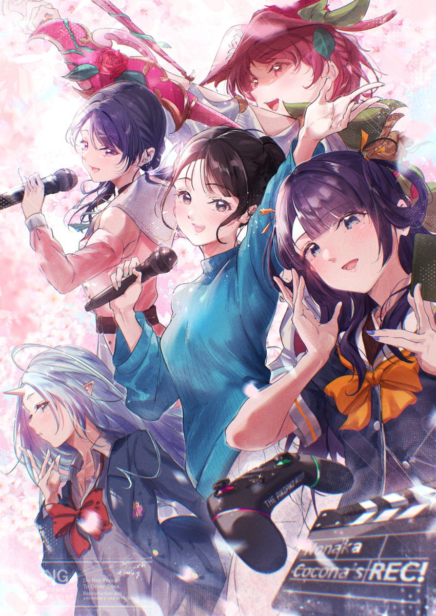 5girls, :d, absurdres, arm_up, black_hair, blazer, blue_hair, blue_jacket