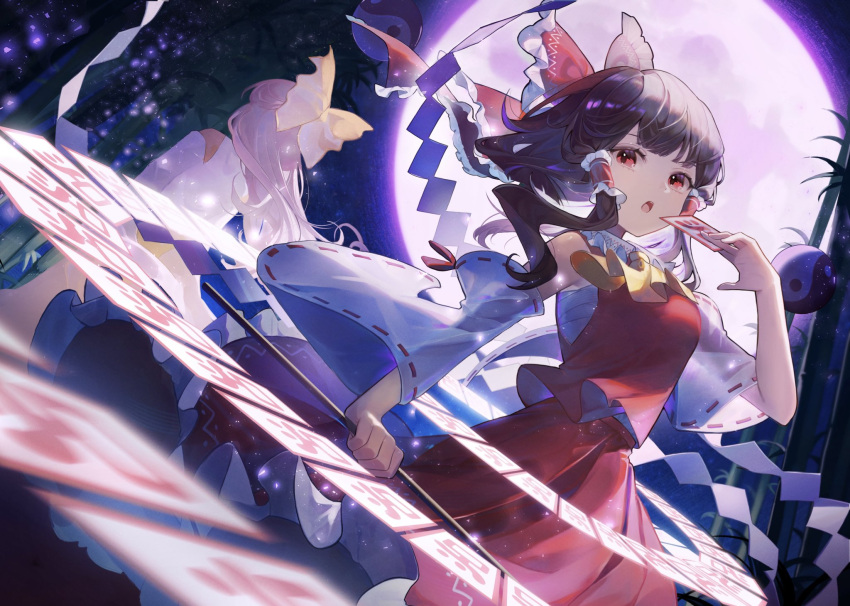 2girls, ascot, bamboo, bamboo_forest, between_fingers, blurry, bow, breasts