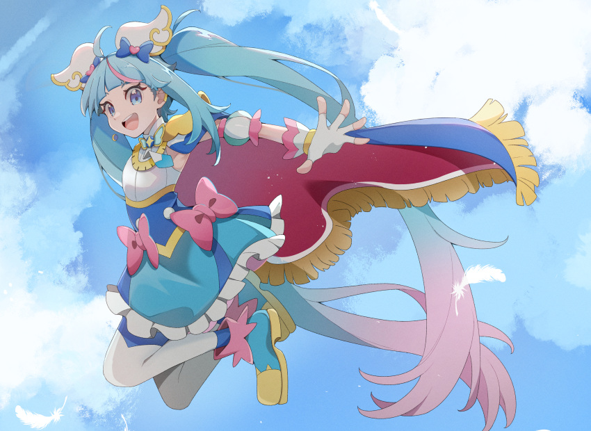 1girl, ankle_boots, blue_cape, blue_dress, blue_eyes, blue_footwear, blue_hair, blue_sky