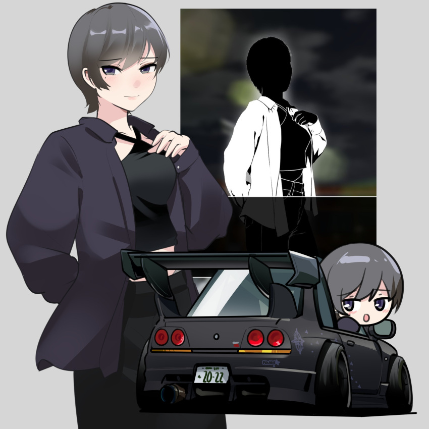 1girl, absurdres, black_jacket, black_shirt, car, chibi, chibi_inset, criss-cross_halter