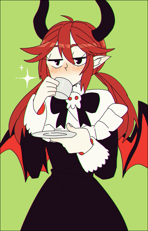 1girl, 4444x4444, black_dress, blush, demon_girl, demon_horns, demon_wings, dialo_(funamusea), dress, funamusea, haiiro_teien, horns, low_twintails, pointy_ears, red_hair, solo, twintails, wings