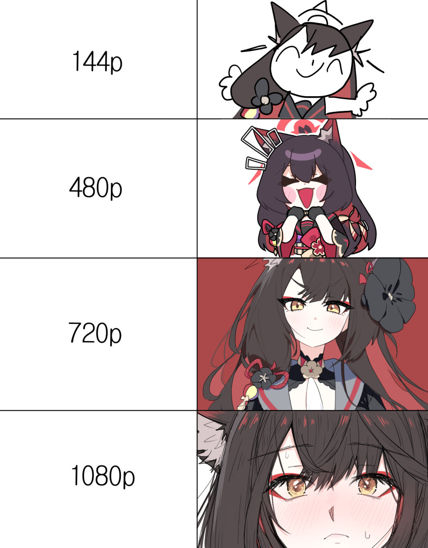 1girl, ^_^, animal_ear_fluff, animal_ears, black_hair, blue_archive, chibi, closed_eyes