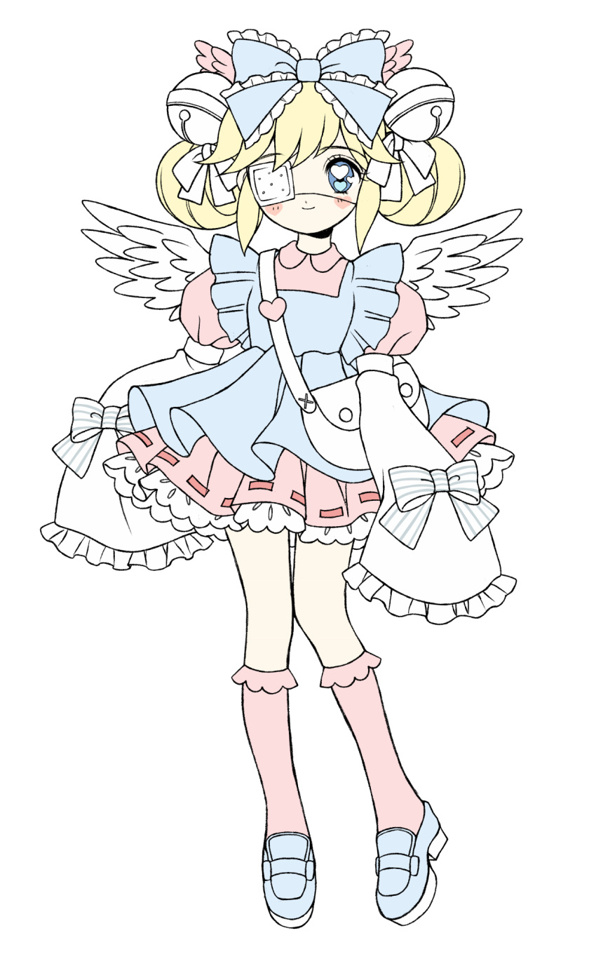 1girl, angel_wings, apron, arms_at_sides, bag, bell, bell_sleeves, blonde_hair