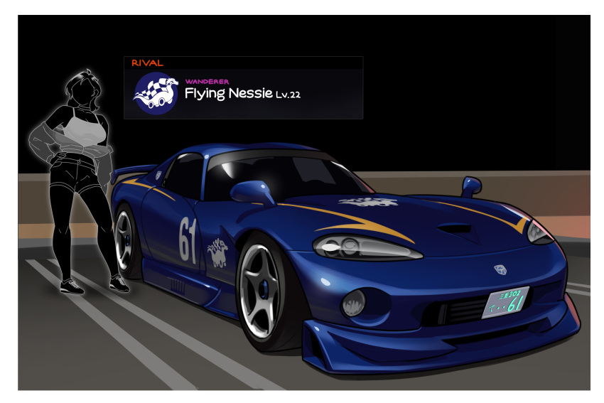 1girl, arhentol, blue_car, breasts, car, dodge_(company), dodge_viper, english_commentary