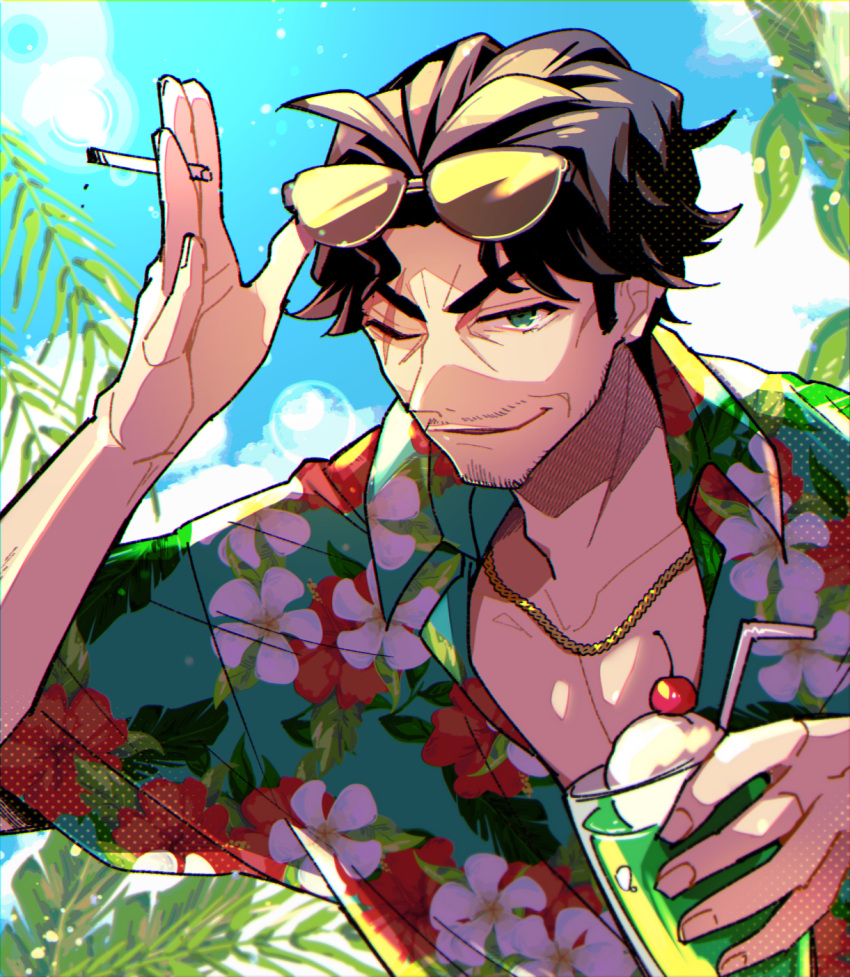 1boy, adam's_apple, adjusting_eyewear, amayado_rei, antenna_hair, arm_up, beard_stubble, black_hair