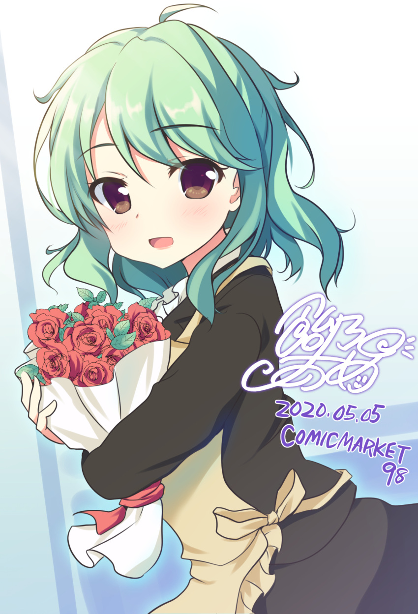 1girl, ameno_ame, apron, black_jacket, black_skirt, blouse, blue_background, blush